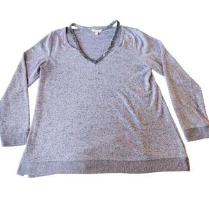 Juicy Couture Gray Embellished V Neck Long Sleeve Sweater Top  Size L